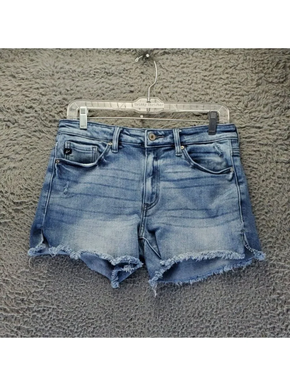 KanCan Shorts Womens Large Blue Denim Frayed Hem High-Rise Stretchy Jorts *Read*